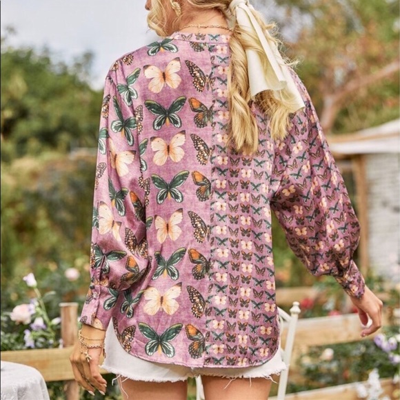 Purple Asymmetrical Butterfly Print Botton Up Blouse - Picture 5 of 8